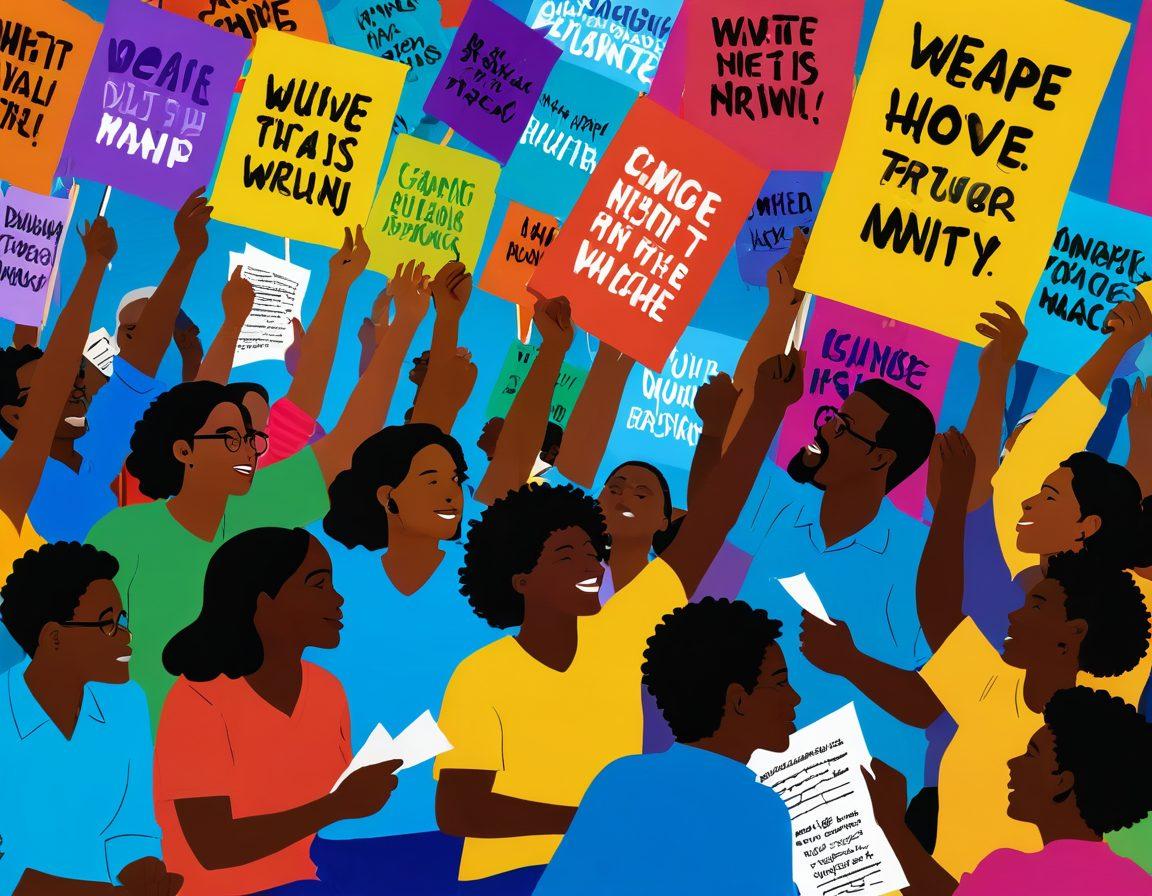 A powerful image depicting a diverse group of individuals passionately engaging in writing and sharing ideas at a lively community gathering. In the background, vibrant banners emblazoned with inspiring quotes and advocacy messages flutter in the breeze. The scene is infused with dynamic colors, symbolizing hope and unity. The individuals appear empowered as they articulate their words, visually representing the impact of blogging as a tool for social change. vibrant colors. digital illustration.