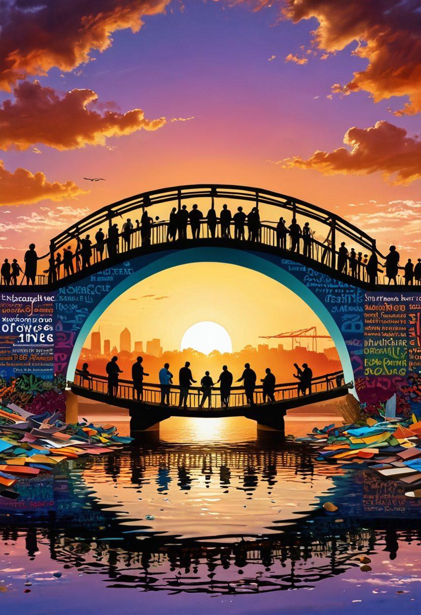A picturesque scene of a diverse group of people interacting and sharing ideas around a large, symbolic bridge made of words and phrases representing different cultures. Vibrant colors fill the environment with elements like books, laptops, and traditional artifacts scattered around. The background features a beautiful sunset, symbolizing hope and unity. super-realistic. vibrant colors. community-focused.