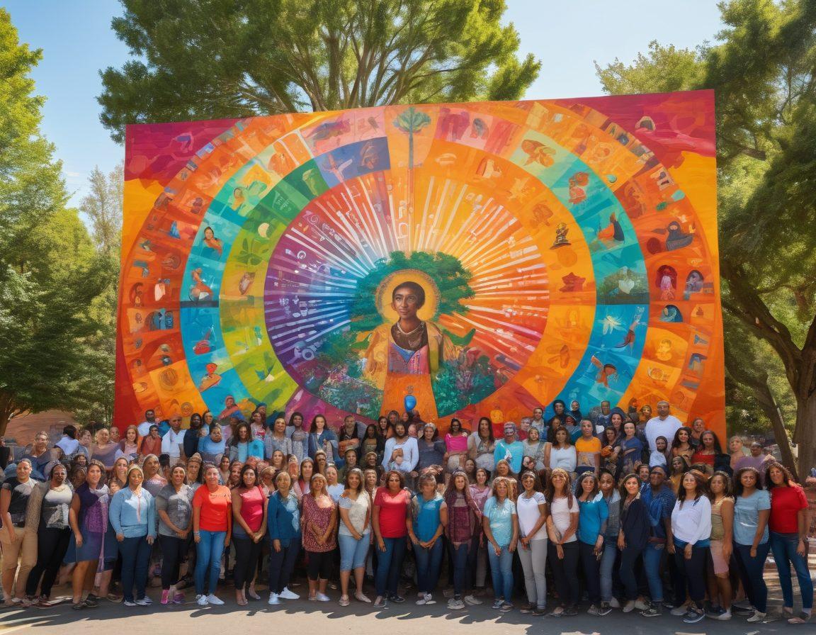 A diverse group of people gathered in a vibrant community space, sharing stories and ideas around a large, colorful mural that depicts social justice symbols. Include representations of different cultures and identities, vibrant banners promoting inclusivity, and a sense of unity and collaboration among the individuals. Bright natural light filtering through trees in the background adds warmth. super-realistic. vibrant colors. community atmosphere.